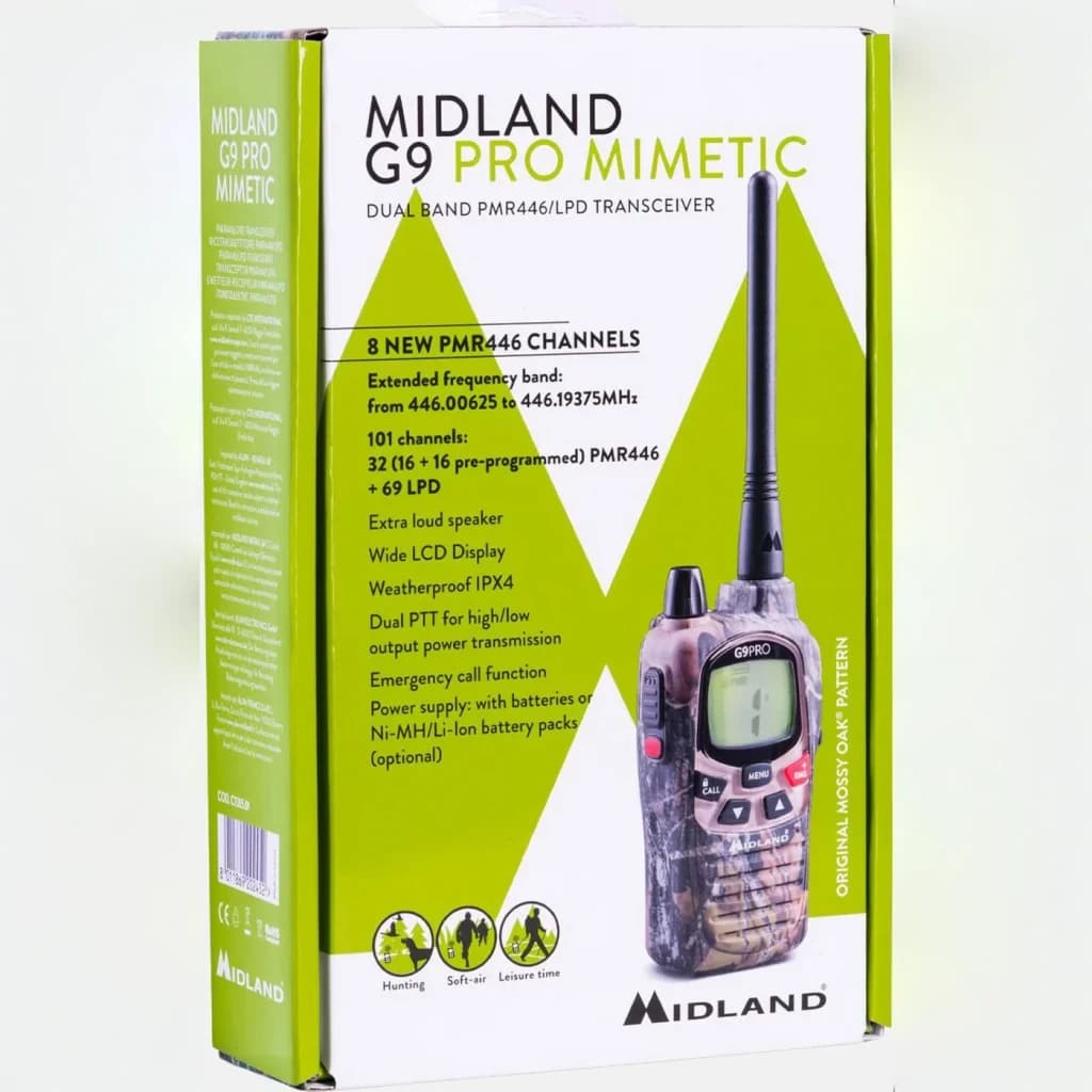 Walkie Talkie Midland G9 Pro PMR 101 Canales Pareja, contenido de la caja: caja verde con walkie mimético camuflaje