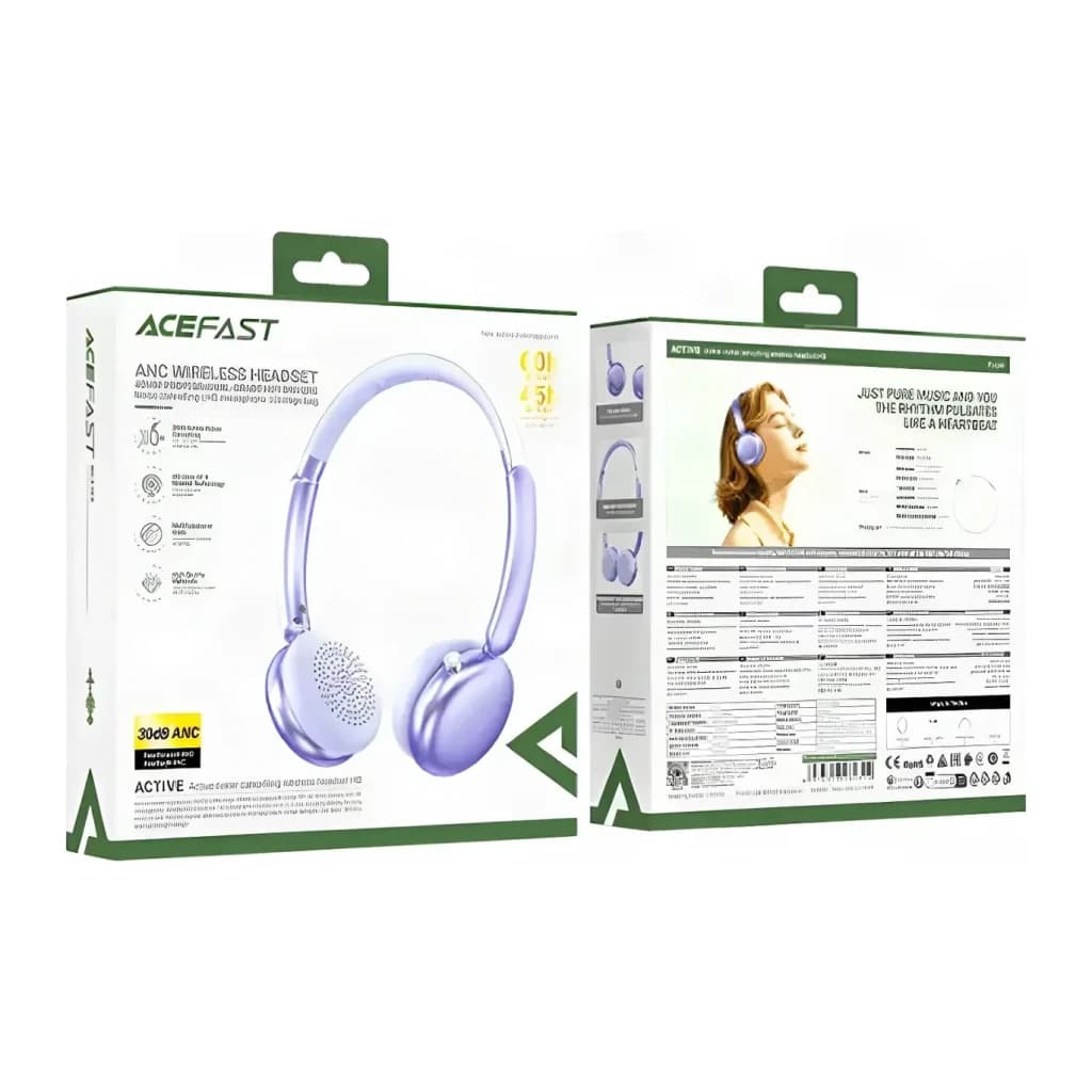 Casque Acefast H8 Réduction de Bruit Active Arceau Bluetooth 5.4 60h, contenu boîte: faces avant et arrière de l'emballage