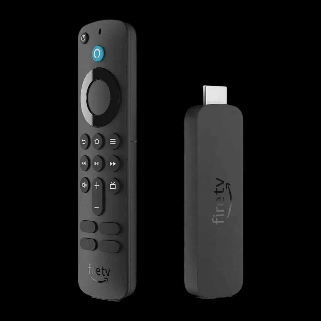 Leitor Multimédia Amazon Fire TV Stick 4K (2024) WiFi 6, vista frontal: comando Alexa preto com botão azul e stick HDMI