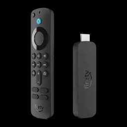 Leitor Multimédia Amazon Fire TV Stick 4K (2024) WiFi 6, vista frontal: comando Alexa preto com botão azul e stick HDMI