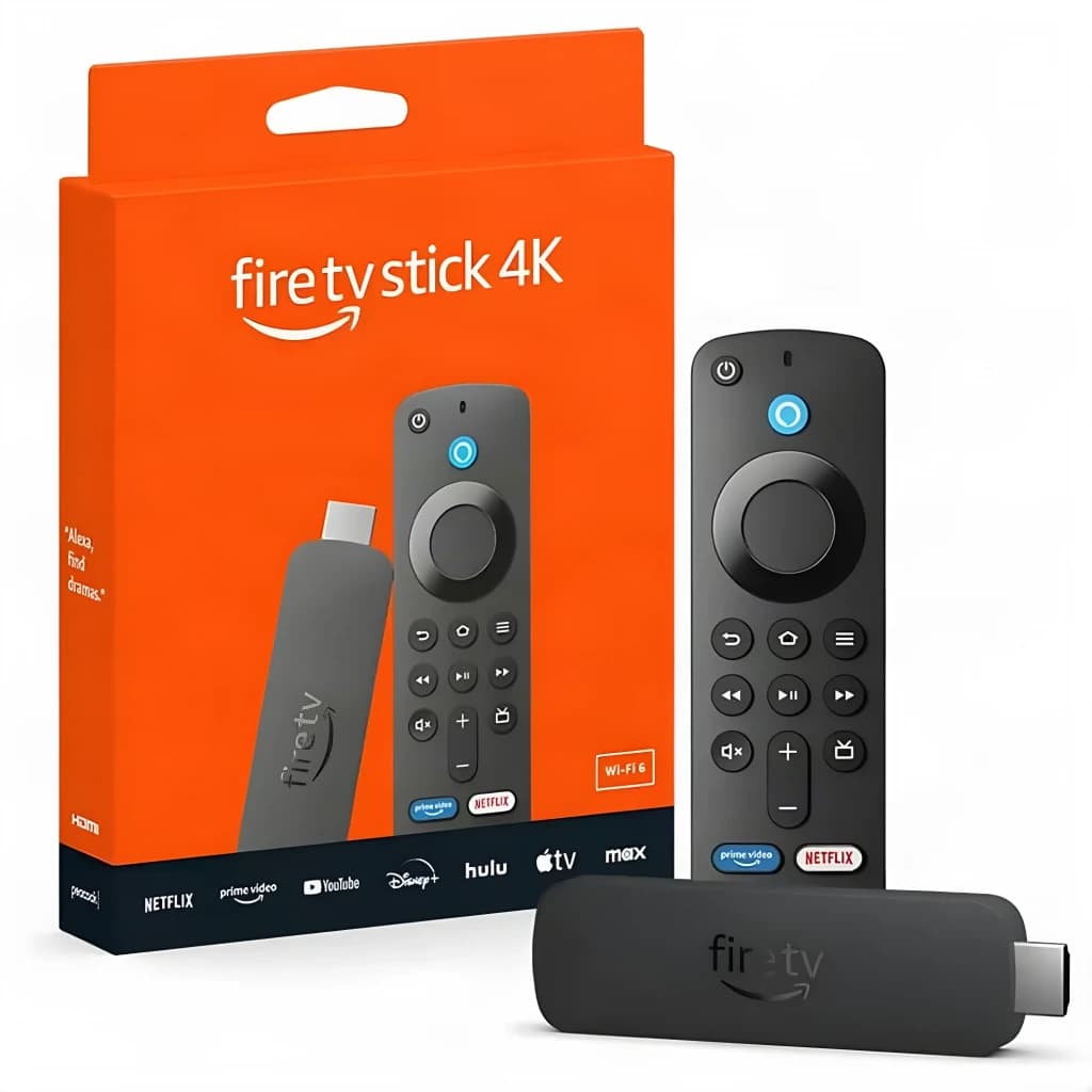 Leitor Multimédia Amazon Fire TV Stick 4K (2024) WiFi 6, conteúdo da caixa: stick HDMI e comando Alexa Voice Remote junto à