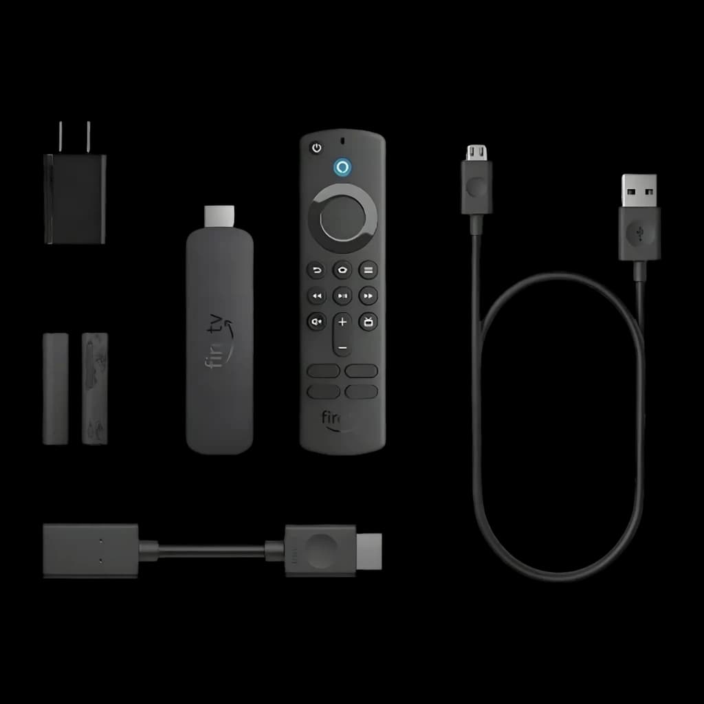 Leitor Multimédia Amazon Fire TV Stick 4K (2024) WiFi 6, conteúdo da caixa: stick HDMI, comando Alexa, adaptador, cabo USB
