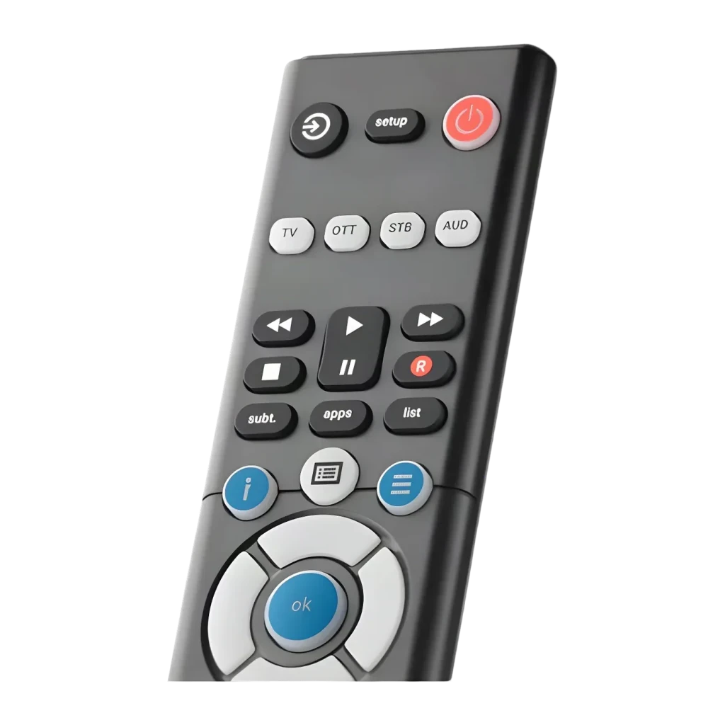 Comando à distância universal One for All Essence 4 em 1 URC1241, detalhe: botões TV OTT STB AUD, teclas de reprodução