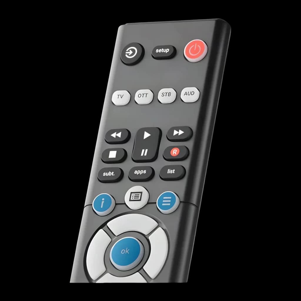 Comando à distância universal One for All Essence 4 em 1 URC1241, detalhe: botões TV OTT STB AUD, teclas de reprodução