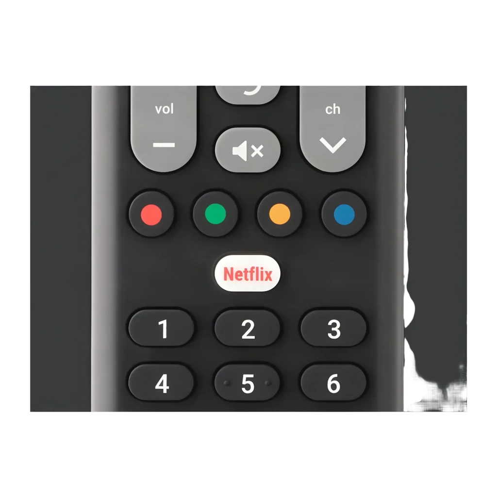 Comando à distância universal One for All Essence 4 em 1 URC1241, detalhe: botões coloridos, tecla Netflix e teclado numérico