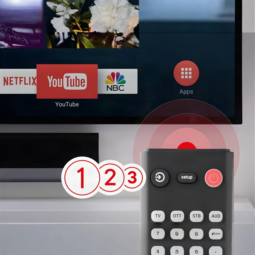 Comando à distância universal One for All Essence 4 em 1 URC1241, em uso: comando apontado para TV com Netflix e YouTube