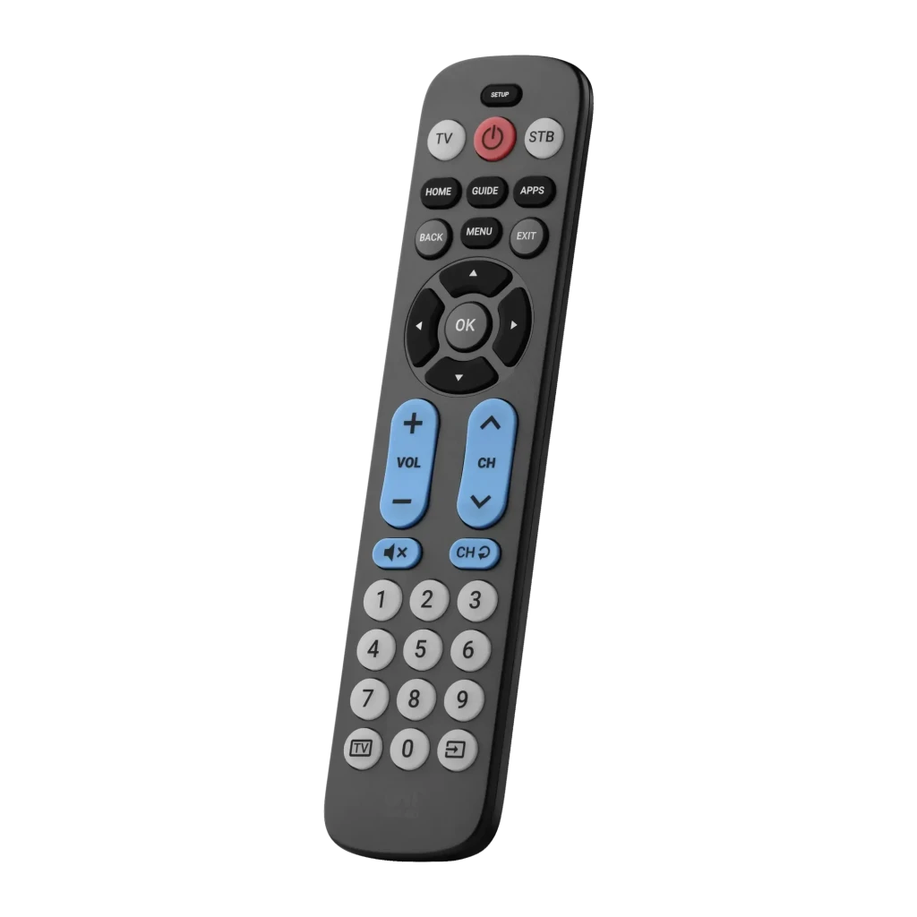 Télécommande One for All Big Button Remote URC6821, vue de face: grands boutons bleus VOL et CH, pavé numérique gris