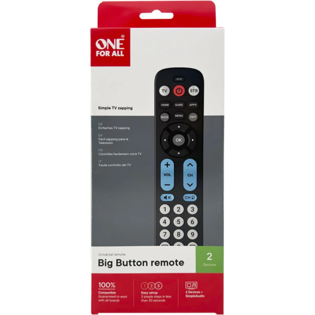 Télécommande One for All Big Button Remote URC6821, contenu de la boîte: packaging face avant avec télécommande noire