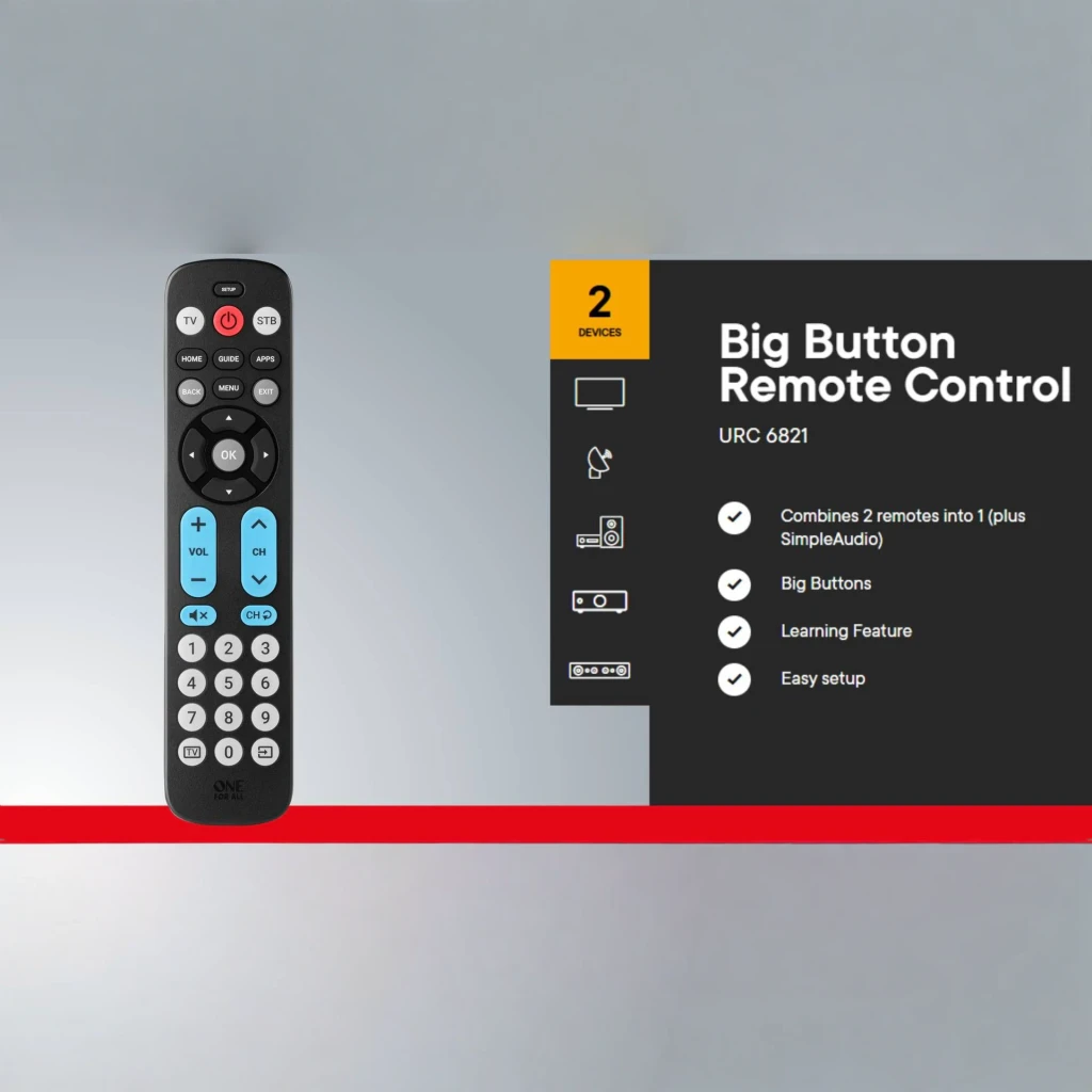 Télécommande One for All Big Button Remote URC6821, en utilisation: vue de face avec grands boutons bleus et fiche
