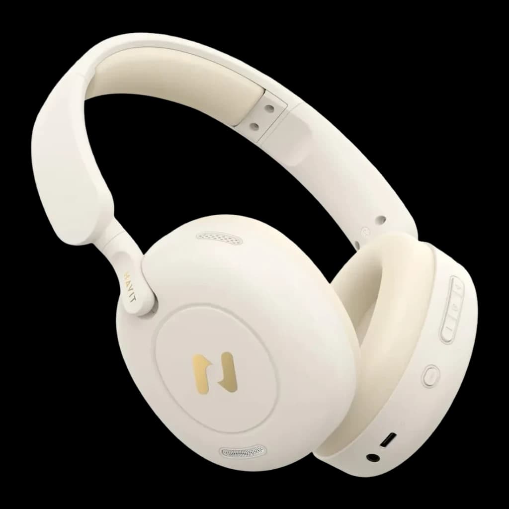 Auriculares Havit H655BT Pro Cancelación de Ruido Diadema Bluetooth 5.3 80h blancos, vista frontal: logo dorado en copa