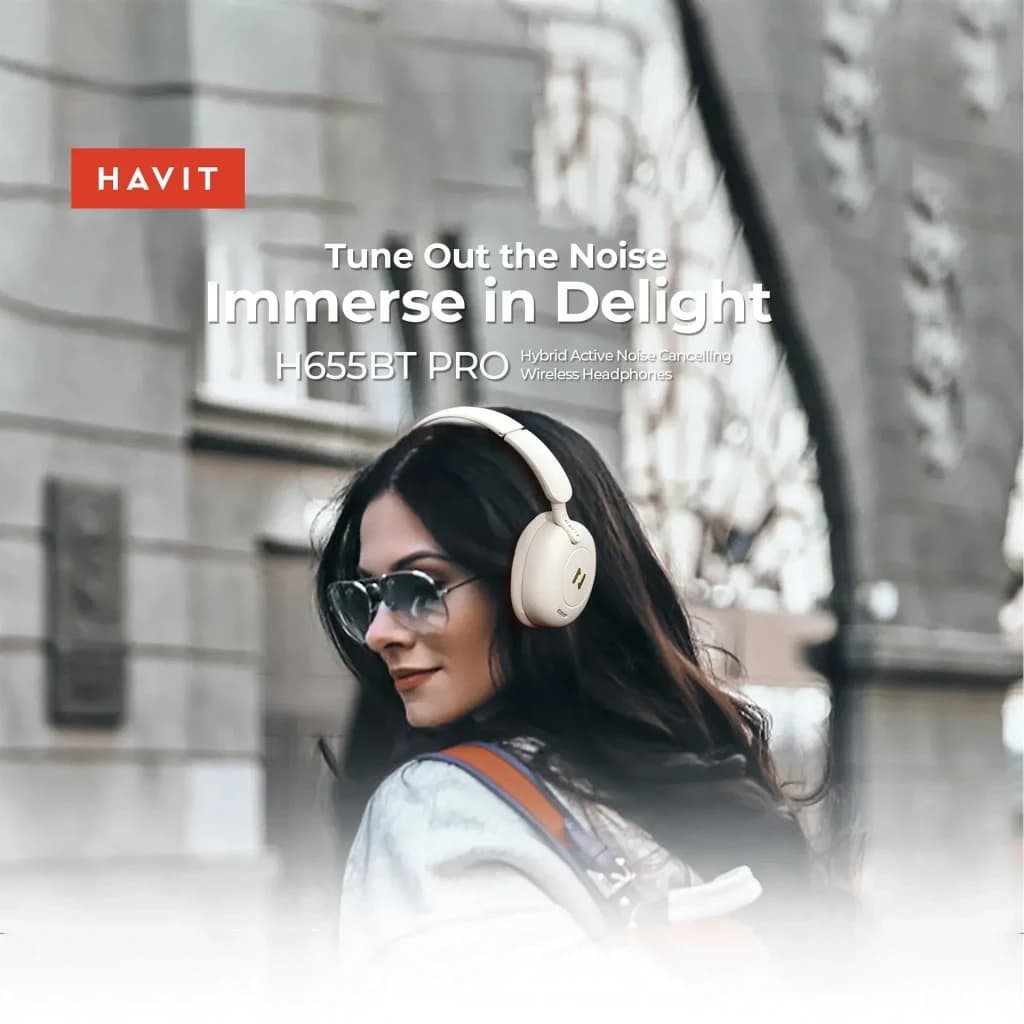 Auriculares Havit H655BT Pro Cancelación de Ruido Diadema Bluetooth 5.3 80h, en uso: mujer con gafas de sol los lleva