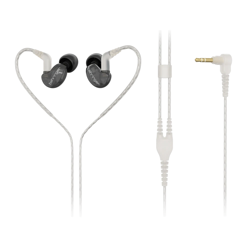 Écouteurs Behringer SD251-CK PRO In-Ear IEM Jack 3,5 mm, vue de face: deux écouteurs avec crochets, câble blanc