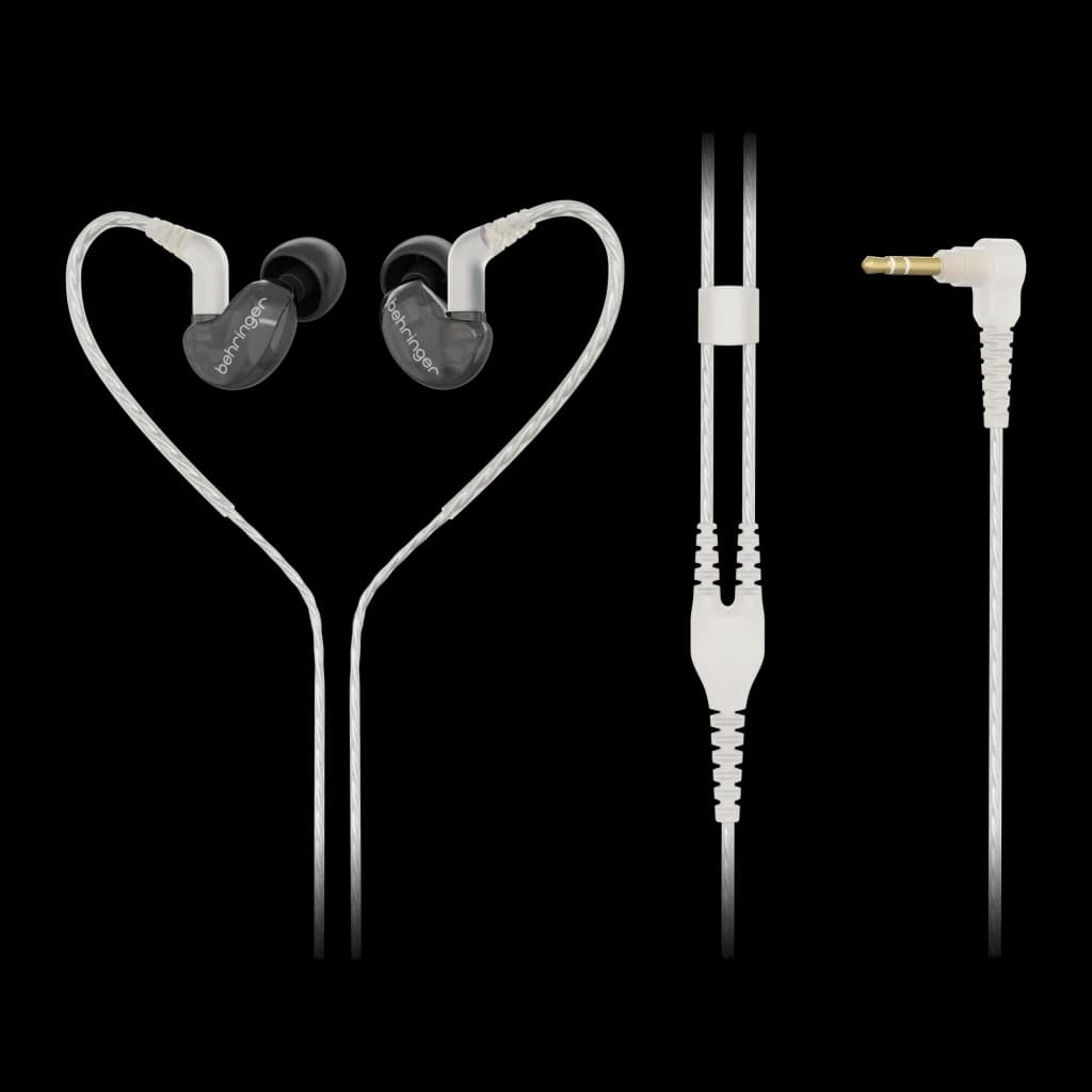 Écouteurs Behringer SD251-CK PRO In-Ear IEM Jack 3,5 mm, vue de face: deux écouteurs avec crochets, câble blanc