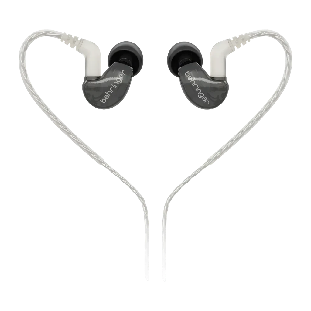Écouteurs Behringer SD251-CK PRO In-Ear IEM Jack 3,5 mm, détail: deux écouteurs avec logo et câble formant un cœur