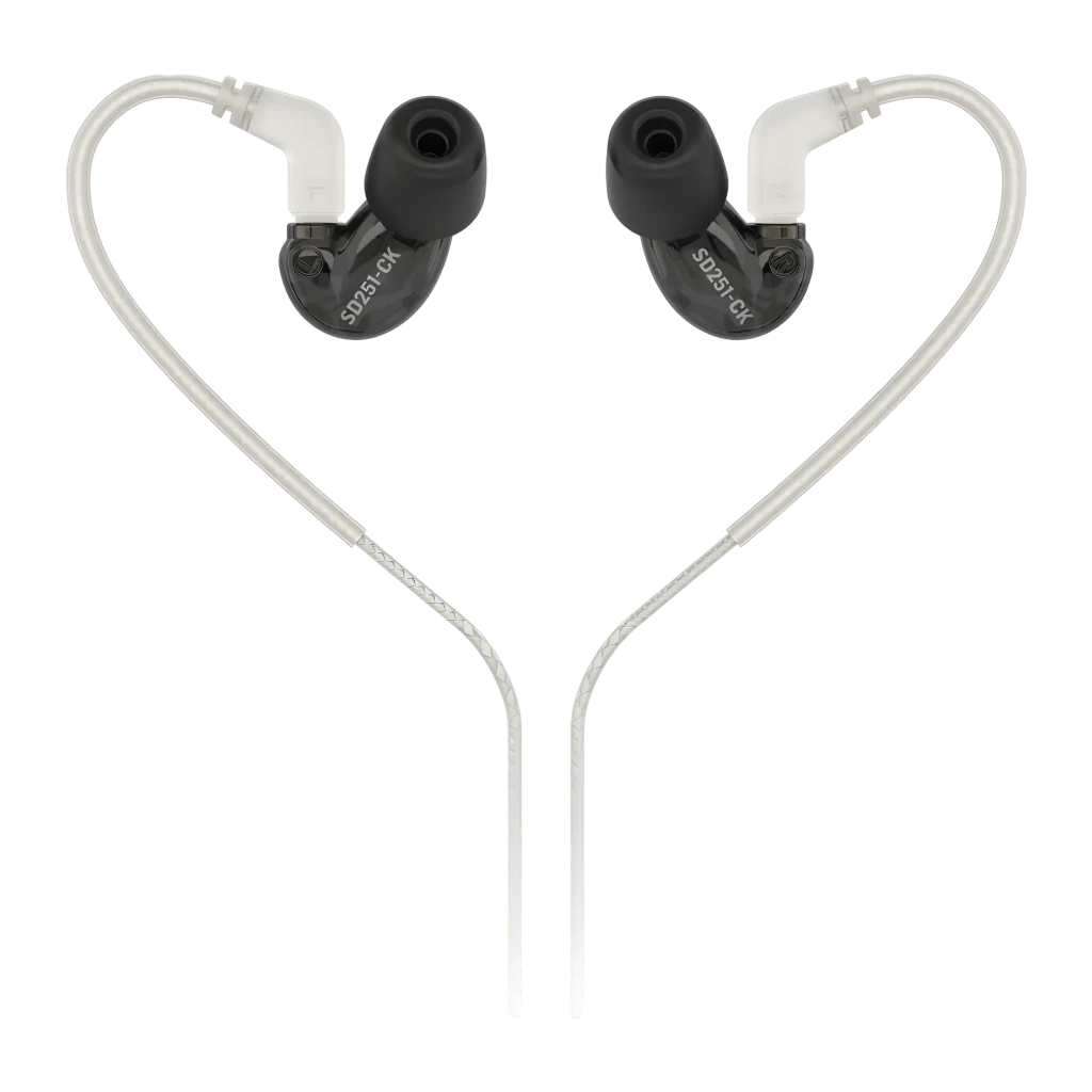 Écouteurs Behringer SD251-CK PRO In-Ear IEM Jack 3,5 mm, vue arrière: corps translucide foncé avec logo SD251-CK, crochets