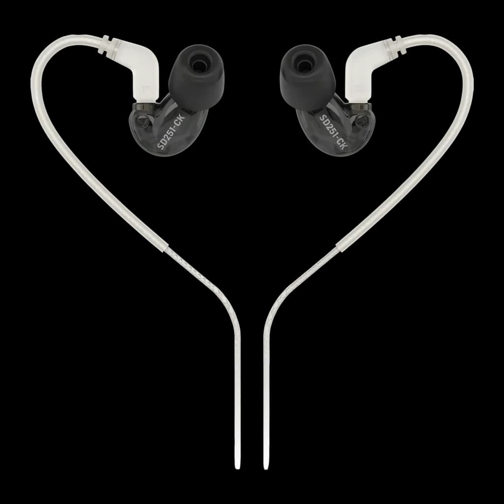 Écouteurs Behringer SD251-CK PRO In-Ear IEM Jack 3,5 mm, vue arrière: corps translucide foncé avec logo SD251-CK, crochets