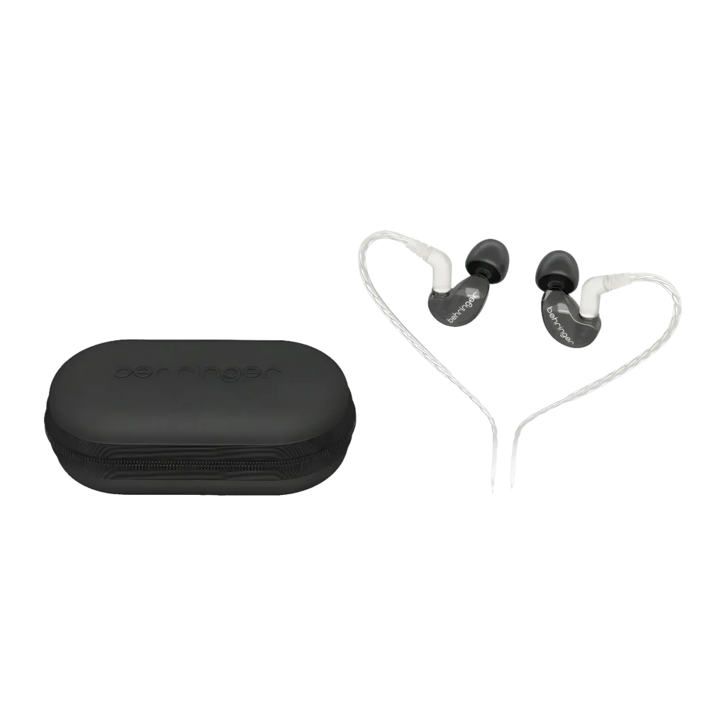 Écouteurs Behringer SD251-CK PRO In-Ear IEM Jack 3,5 mm, détail: écouteurs câble blanc et étui rigide noir avec logo