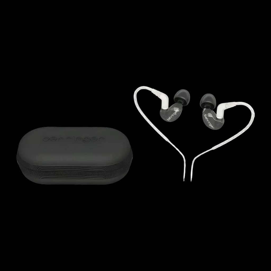 Écouteurs Behringer SD251-CK PRO In-Ear IEM Jack 3,5 mm, détail: écouteurs câble blanc et étui rigide noir avec logo