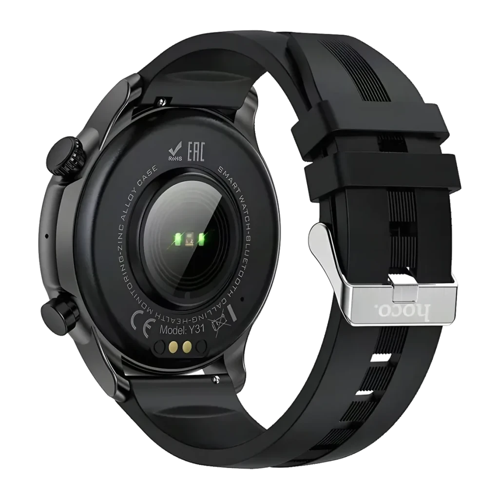 Hoco Y31 Call Negro Llamadas Bluetooth Frec. cardíaca SpO2 Batería 5 Días, vista trasera: sensor óptico SpO2, contactos