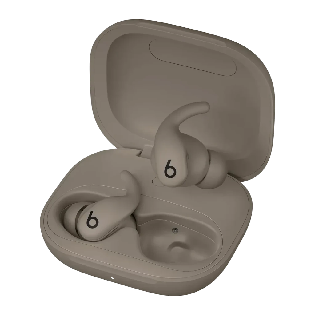 Écouteurs Beats Powerbeats Fit Réduction de Bruit In-Ear Bluetooth, détail: boîtier ouvert coloris stone avec les deux