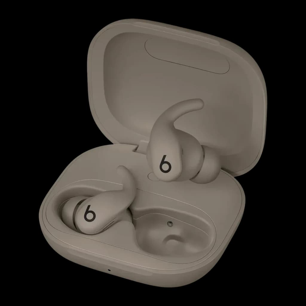 Écouteurs Beats Powerbeats Fit Réduction de Bruit In-Ear Bluetooth, détail: boîtier ouvert coloris stone avec les deux
