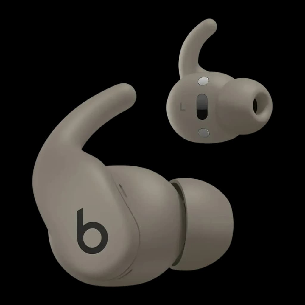 Écouteurs Beats Powerbeats Fit Réduction de Bruit In-Ear Bluetooth, détail: deux écouteurs couleur pierre avec logo b