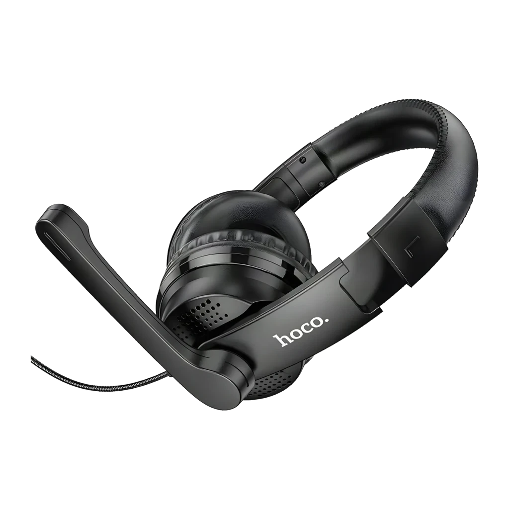 Auriculares Gaming Hoco. W103 Magic Tour con Micrófono USB-A + Jack 3,5mm, detalle: micrófono flexible, almohadilla y logo
