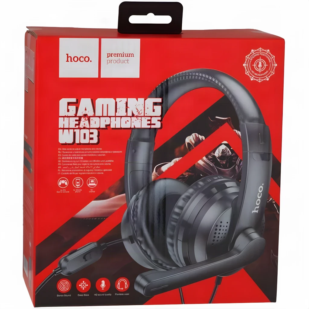 Auriculares Gaming Hoco. W103 Magic Tour con Micrófono USB-A + Jack 3,5mm, caja: packaging rojo con auricular negro