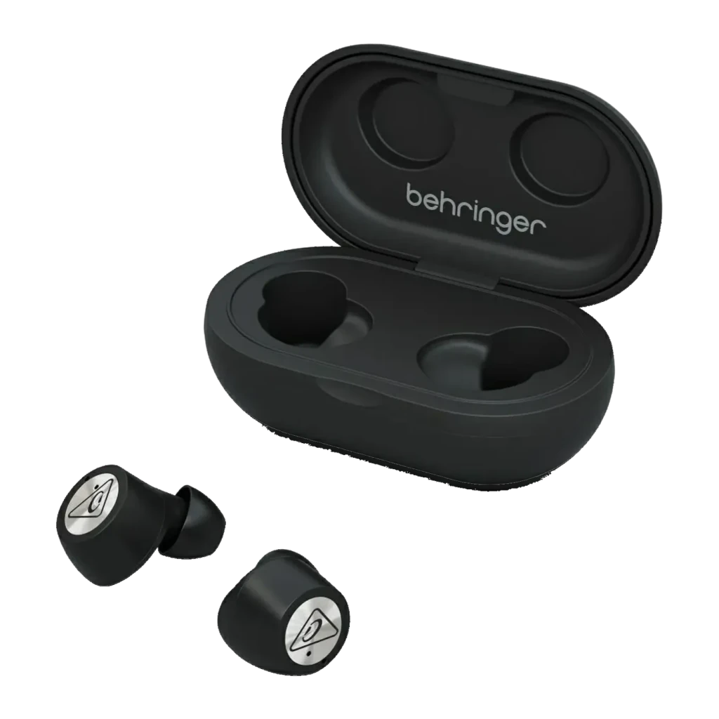 Écouteurs sans fil Behringer TRUE BUDS TWS In-Ear Bluetooth 5.0, vue de face: deux écouteurs noirs avec logo argenté devant