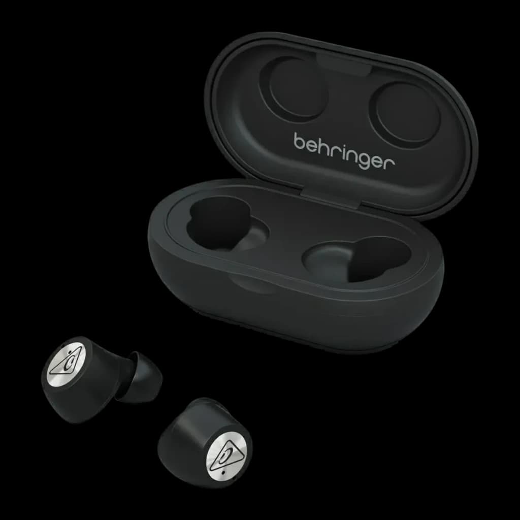 Écouteurs sans fil Behringer TRUE BUDS TWS In-Ear Bluetooth 5.0, vue de face: deux écouteurs noirs avec logo argenté devant
