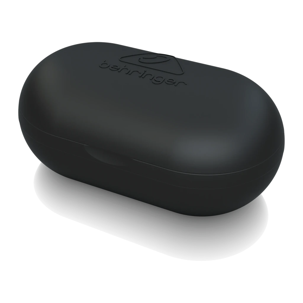 Écouteurs sans fil Behringer TRUE BUDS TWS In-Ear Bluetooth 5.0, détail: boîtier de charge noir mat avec logo en relief, vue