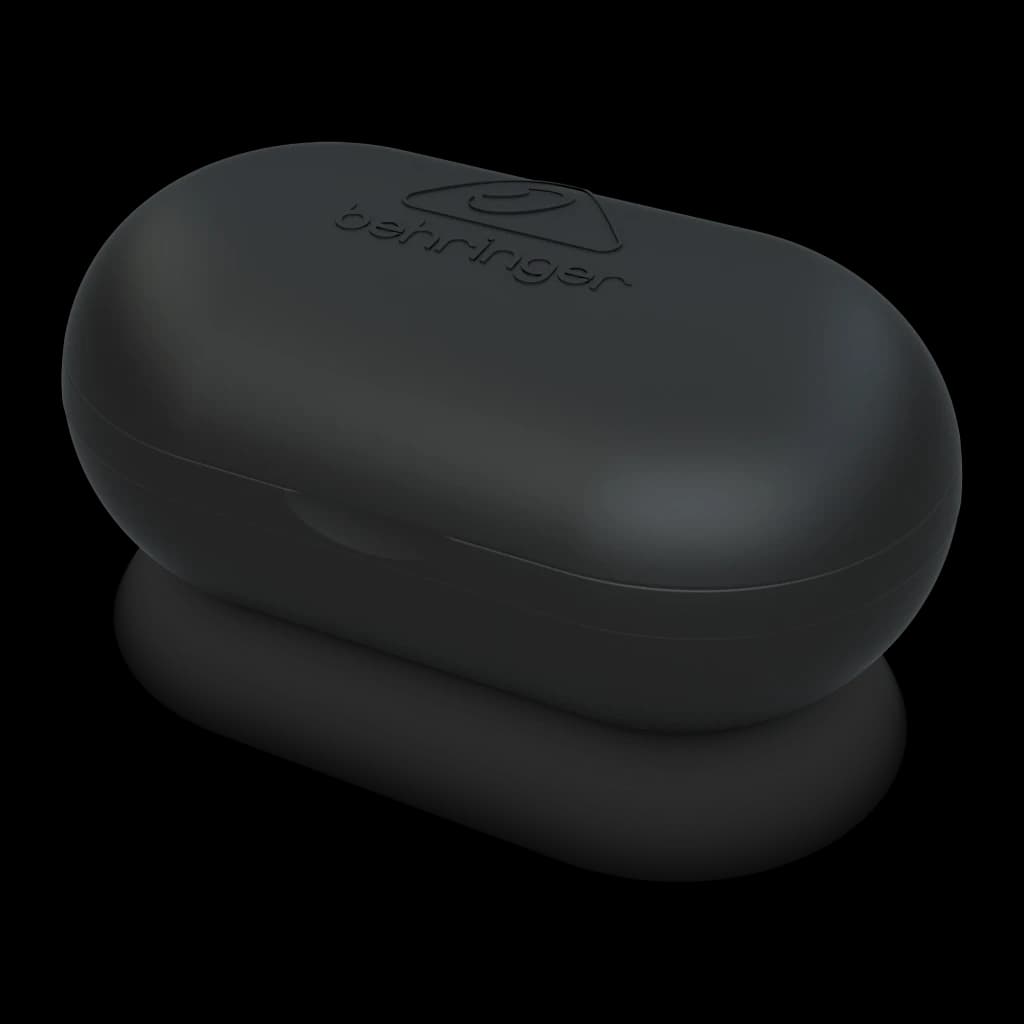 Écouteurs sans fil Behringer TRUE BUDS TWS In-Ear Bluetooth 5.0, détail: boîtier de charge noir mat avec logo en relief, vue