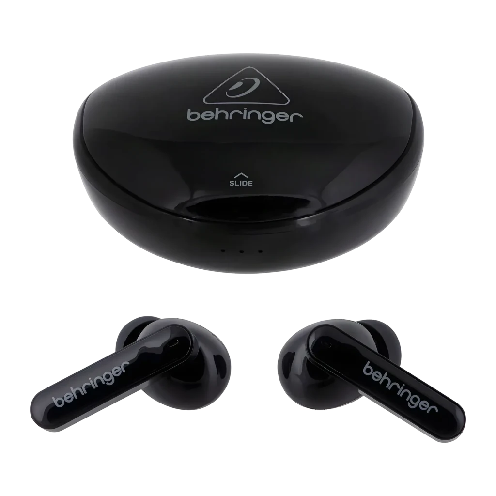 Écouteurs Behringer T-BUDS Réduction de Bruit TWS In-Ear Bluetooth 5.0, vue de face: boîtier noir brillant avec logo et deux