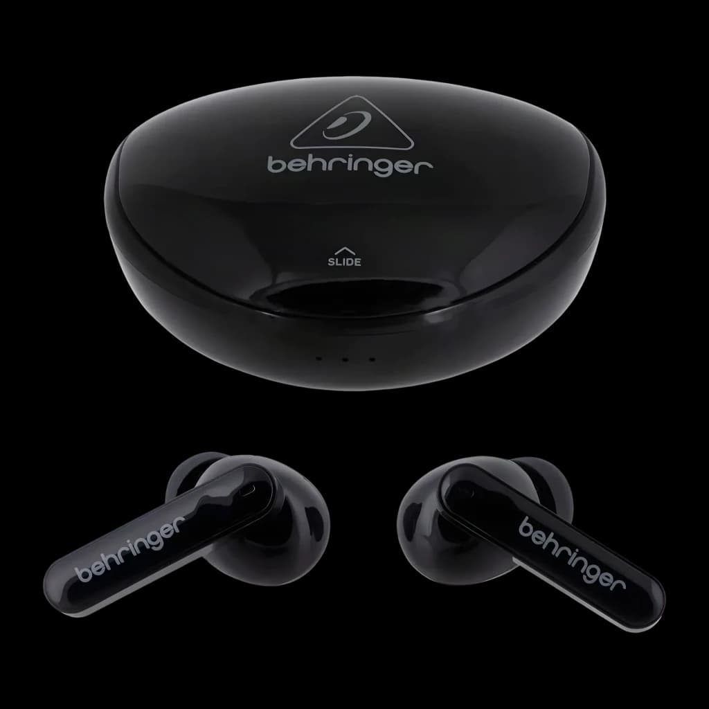 Écouteurs Behringer T-BUDS Réduction de Bruit TWS In-Ear Bluetooth 5.0, vue de face: boîtier noir brillant avec logo et deux
