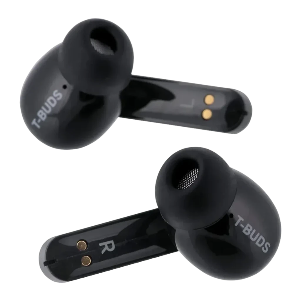 Écouteurs Behringer T-BUDS Réduction de Bruit TWS In-Ear Bluetooth 5.0, détail: contacts de charge dorés et repères L R