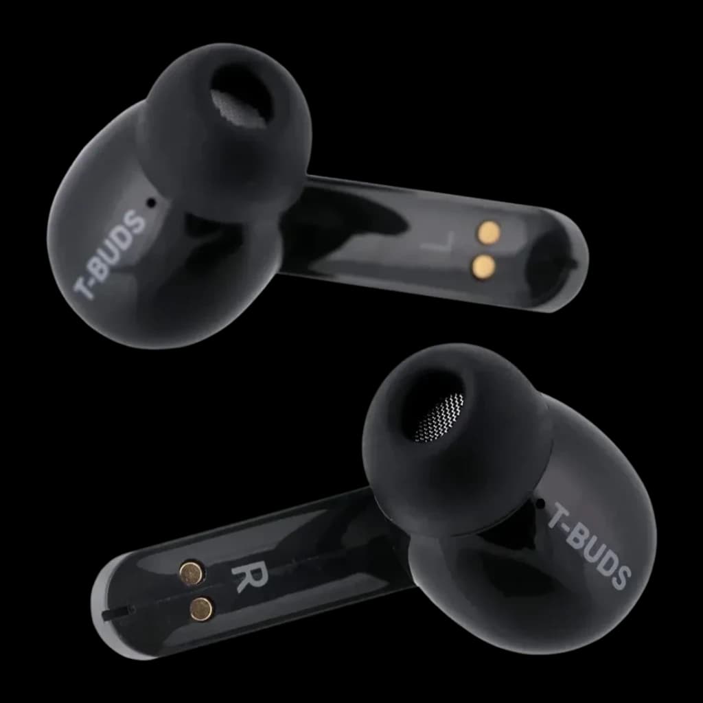 Écouteurs Behringer T-BUDS Réduction de Bruit TWS In-Ear Bluetooth 5.0, détail: contacts de charge dorés et repères L R
