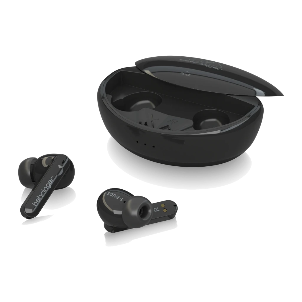 Écouteurs Behringer T-BUDS Réduction de Bruit TWS In-Ear Bluetooth 5.0, détail: deux écouteurs noirs sortis près du boîtier