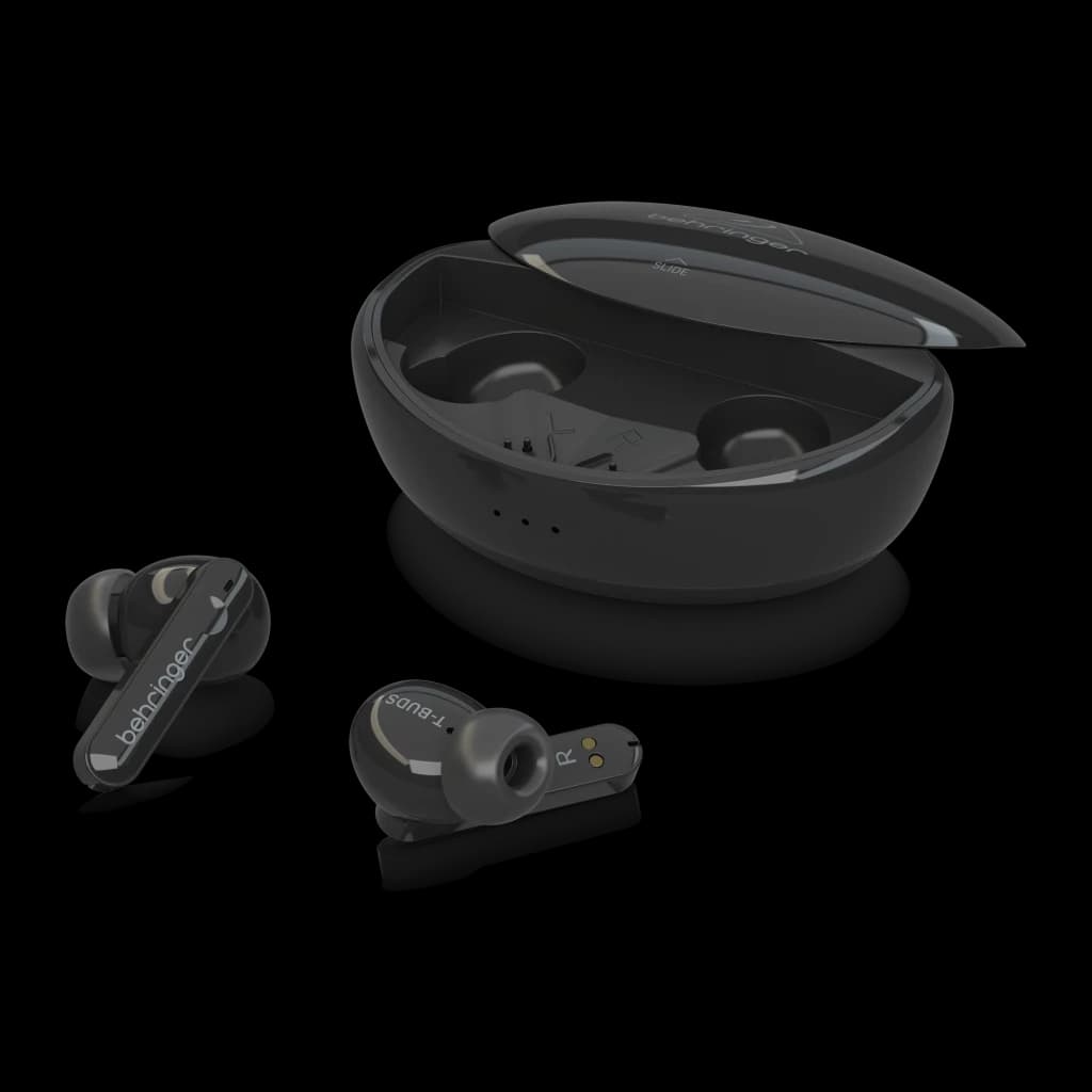 Écouteurs Behringer T-BUDS Réduction de Bruit TWS In-Ear Bluetooth 5.0, détail: deux écouteurs noirs sortis près du boîtier