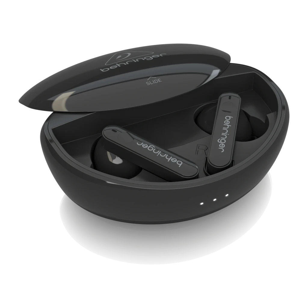 Écouteurs Behringer T-BUDS Réduction de Bruit TWS In-Ear Bluetooth 5.0, détail: boîtier noir ouvert avec les deux écouteurs