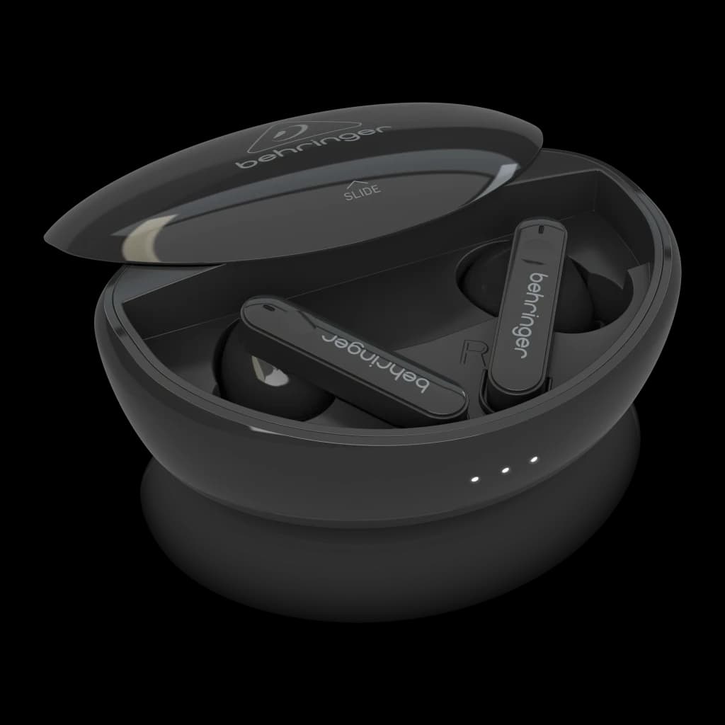 Écouteurs Behringer T-BUDS Réduction de Bruit TWS In-Ear Bluetooth 5.0, détail: boîtier noir ouvert avec les deux écouteurs