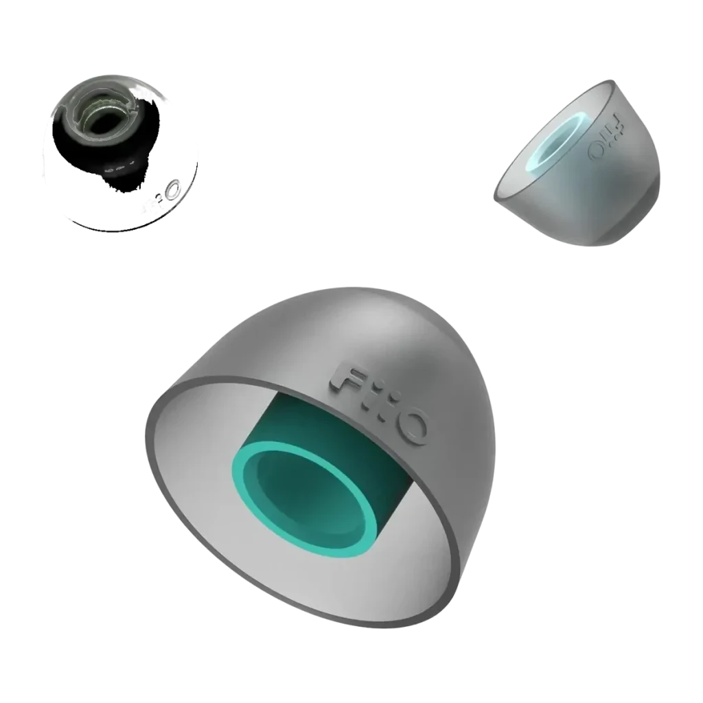 Ponteiras para auriculares FiiO HS18 Silicone de grau médico, detalhe: interior turquesa, logo FiiO em relevo e três tamanhos