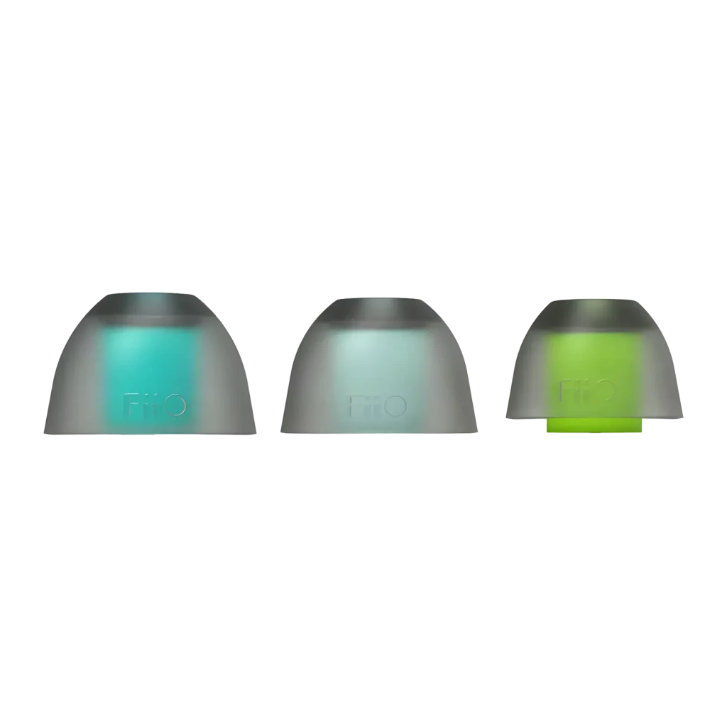 Ponteiras para auriculares FiiO HS18 Silicone de grau médico, detalhe: três tamanhos com núcleos turquesa, cinza e verde lima