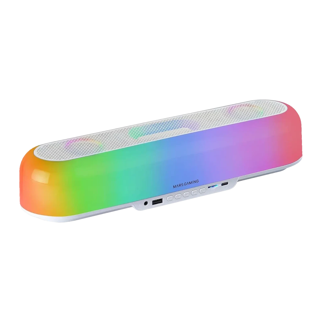 Barra de som Mars Gaming MSB-Orb RGB 20W 6h Bluetooth 5.3, vista frontal: iluminação RGB multicolor em corpo branco