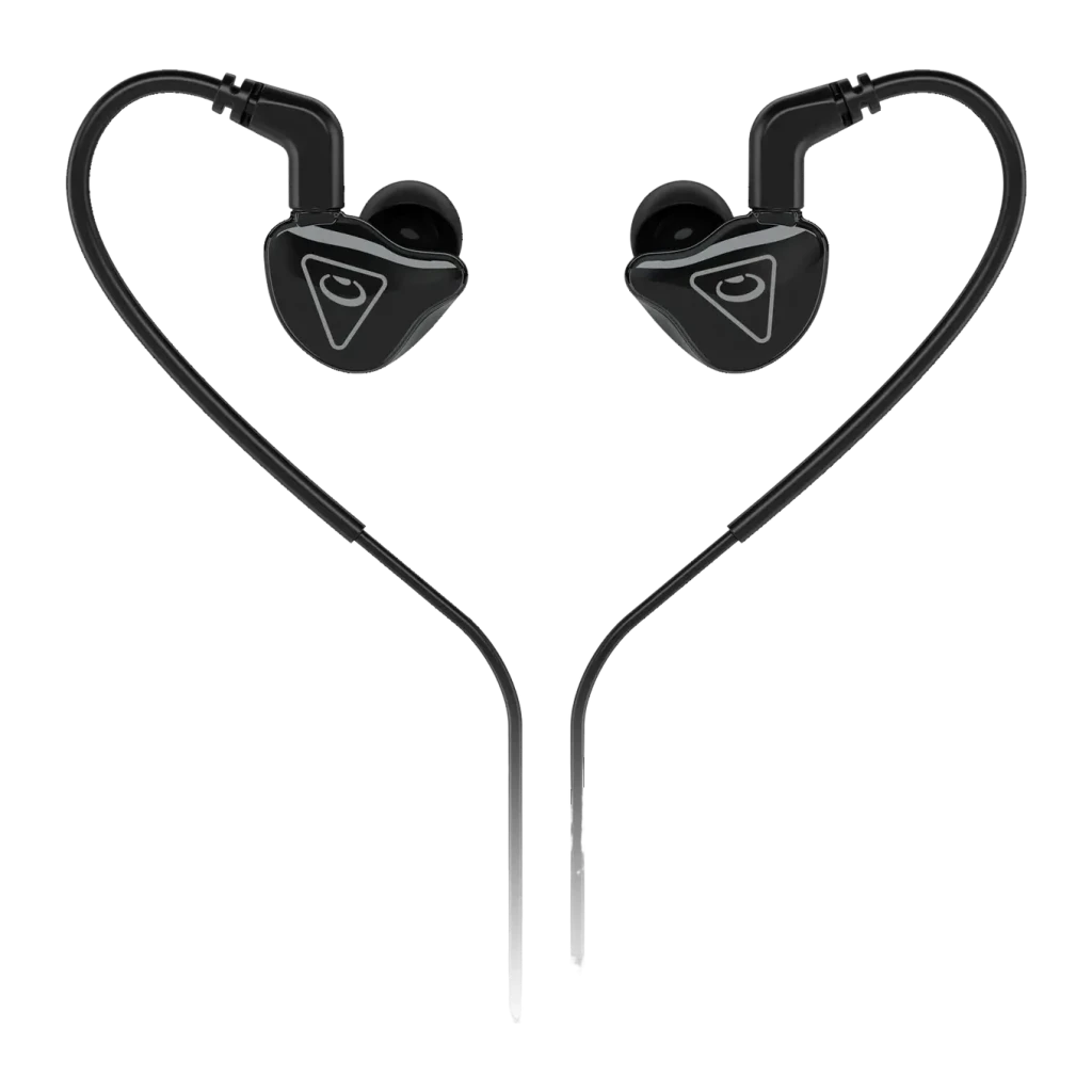 Écouteurs Behringer MO240 2-Way In-Ear Jack 3,5 mm Driver Hybride Dual noir, vue de face: coques triangulaires avec logo