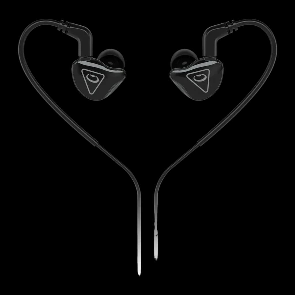 Écouteurs Behringer MO240 2-Way In-Ear Jack 3,5 mm Driver Hybride Dual noir, vue de face: coques triangulaires avec logo