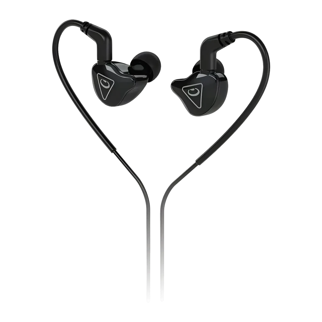 Écouteurs Behringer MO240 2-Way In-Ear Jack 3,5 mm Driver Hybride Dual, détail: deux écouteurs noirs avec logo triangulaire