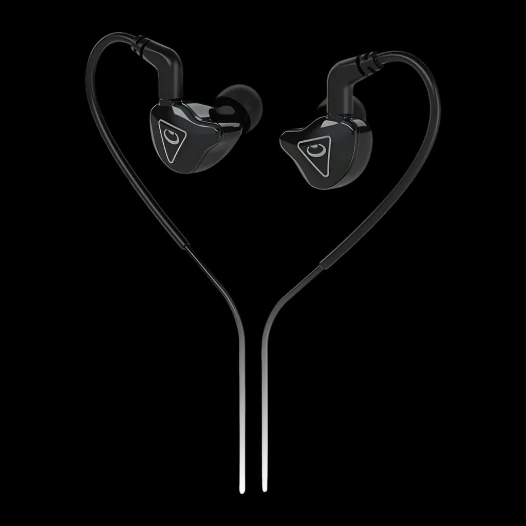 Écouteurs Behringer MO240 2-Way In-Ear Jack 3,5 mm Driver Hybride Dual, détail: deux écouteurs noirs avec logo triangulaire