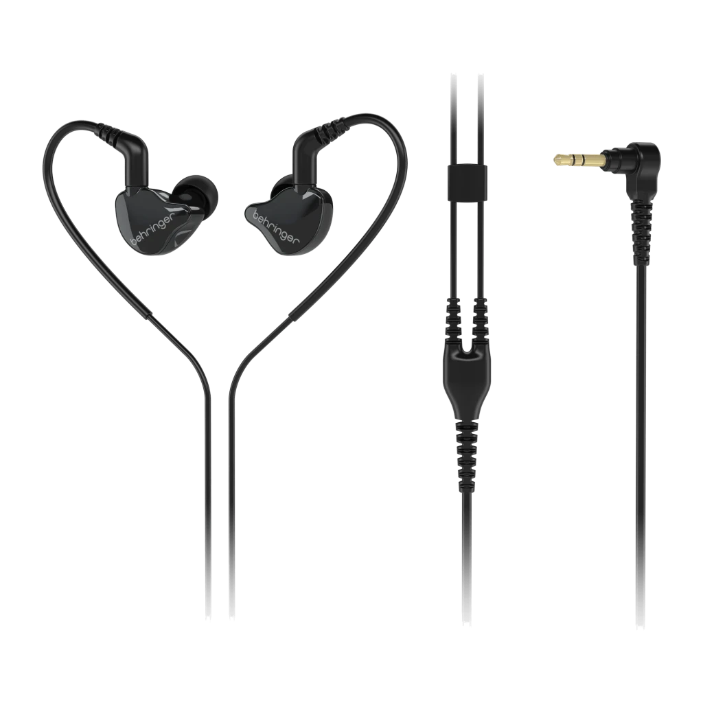 Écouteurs Behringer MO240 2-Way In-Ear Jack 3,5 mm Driver Hybride Dual noir, détail: coques translucides, câble