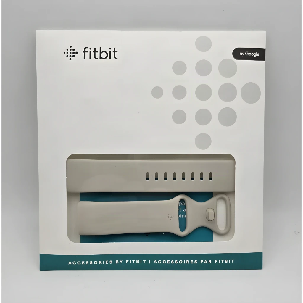 Bracelete smartwatch Fitbit Infinity Band Lunar White Large Silicone, conteúdo da caixa: embalagem frontal com janela