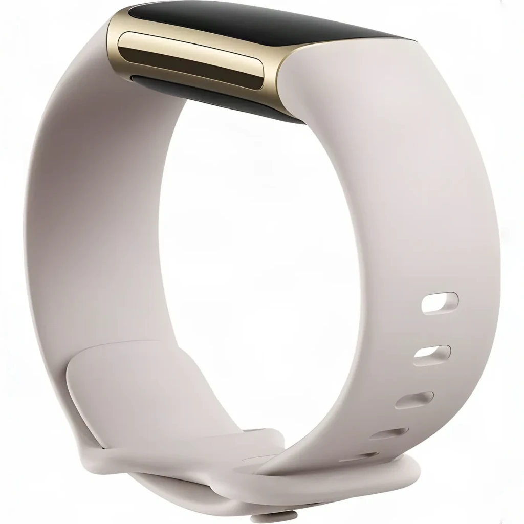 Bracelete smartwatch Fitbit Infinity Band Lunar White Large Silicone, em uso: bracelete em anel com corpo dourado e furos